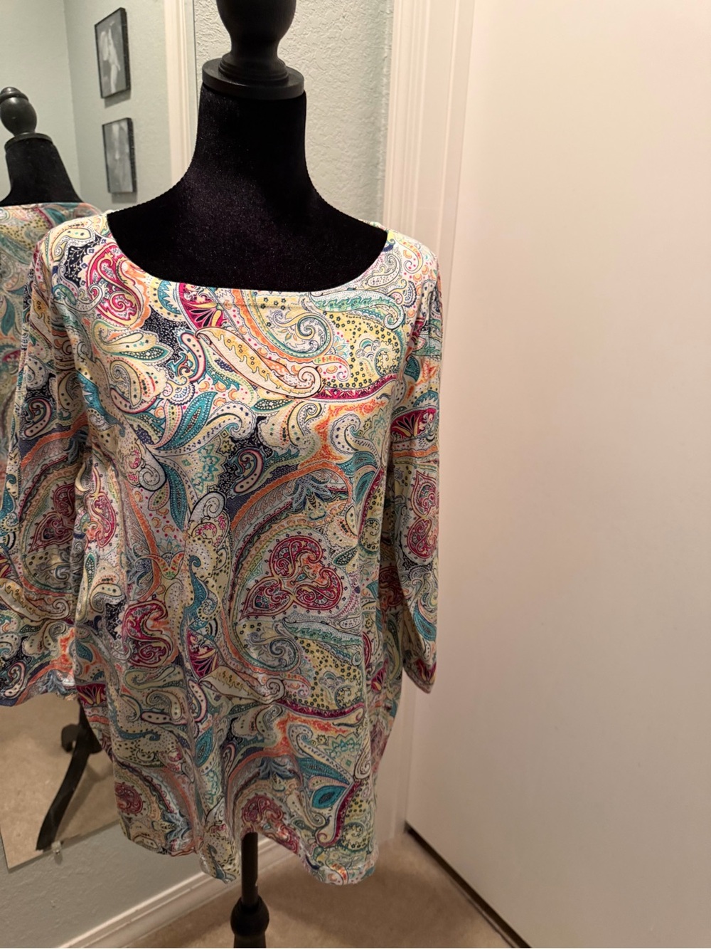Talbots Cream Paisley Knit Top with Multicolor Accents